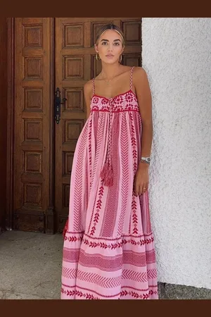 milanoo.com Abito stampato con spalline sottili e frange Abiti lunghi estivi di ispirazione boho