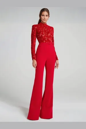 milanoo.com Tuta rossa con top in pizzo collo alto manica lunga gamba svasata abbigliamento da festa semi-formale per le donne 2025