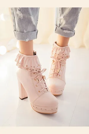 milanoo.com Pink Lolita Boots PU in pelle rotonda TOUND TOE CHUNKY Heel Top Low Top Lolita Calzature