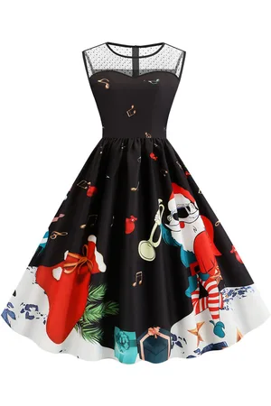 milanoo.com Vestiti Anni 50 con motivo natalizio Abiti donna smanicato abiti anni 50 con scollo tondo di poliestere Estate Autunno di retro