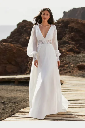 milanoo.com Abito da sposa boho in chiffon e pizzo a trapezio con vita naturale cerniera maniche lunghe scollo a V