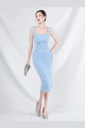 milanoo.com Abito da festa con paillettes maniche a nappe vintage elegante abito midi