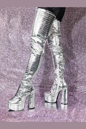 milanoo.com Stivali alti alla coscia Stivali alti alla coscia con motivo pietra metallizzata e plateau con tacco grosso