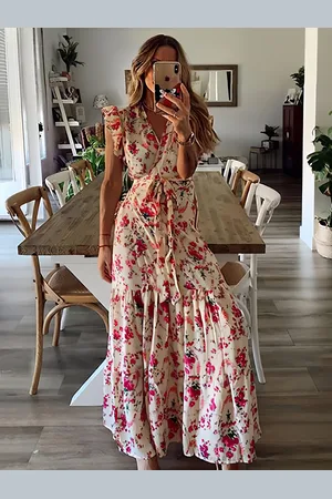 milanoo.com Abito lungo da donna con scollo a V senza maniche lacci pieghe volant stampa floreale maxi abito elasticizzato