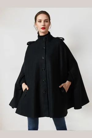 milanoo.com Mantella di lana nera con collo alto e poncho invernale oversize per donna 2025