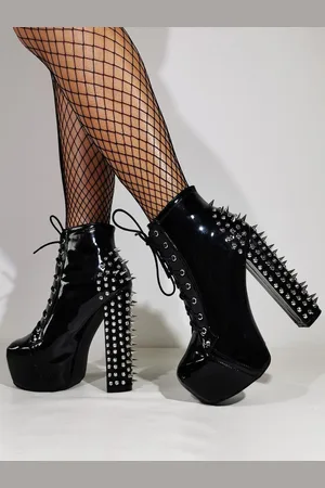 milanoo.com Stivaletti neri alla caviglia con plateau punta tonda tacco spesso borchiati stivaletti sexy da club