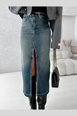 milanoo.com Gonne Denim Vita Naturale Chic Spacco Alto Autunno Lungo Pantaloni da Donna