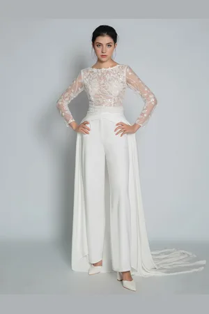 milanoo.com Abito da sposa due pezzi in tessuto satinato pizzo scollo a V tuta senza schienale maniche lunghe
