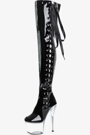 milanoo.com Stivali sexy con tacco alto Punta tonda Cerniera Tacco a spillo geometrico Rave Club Stivali alti alla coscia trasparenti Stivali sopra il ginocchio