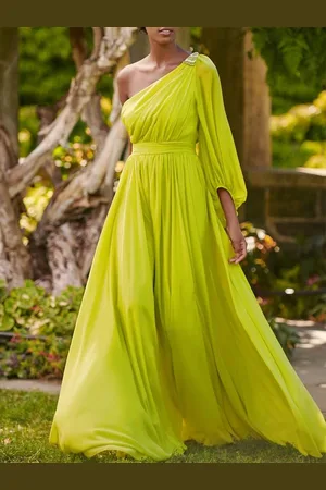 milanoo.com Abito da sera A-Line monospalla fino al pavimento maniche lunghe abiti da festa formali in chiffon pieghettato senza schienale