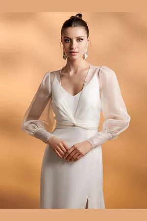 milanoo.com Coprispalle da sposa maniche lunghe scollo a V maniche a sbuffo scialli coprispalle in organza