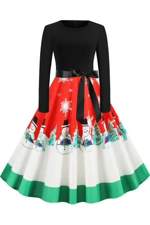 milanoo.com Abito vintage natalizio con collo gioiello plissettato a maniche lunghe con maniche lunghe da donna; modello rockabilly medio