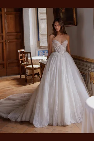 milanoo.com Abito da sposa principessa silhouette con strascico scollo a V senza maniche stile impero vita a strati pizzo abiti da sposa