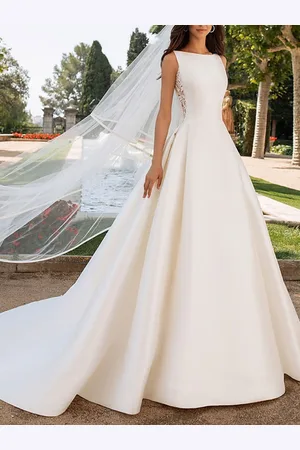 milanoo.com Abiti da sposa avorio una linea con abiti da sposa collo alto senza maniche in pizzo cappella treno