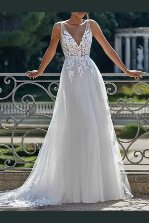 milanoo.com Abito da Sposa Semplice 2025 Una Linea Scollo a V Senza Spalline in Pizzo Applique Abito da Sposa in Tulle