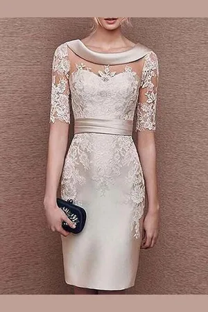 milanoo.com Abito da sposa per la madre collo gioiello mezze maniche pizzo lunghezza tè tubino abiti da ospite per la personalizzazione gratuita del matrimonio