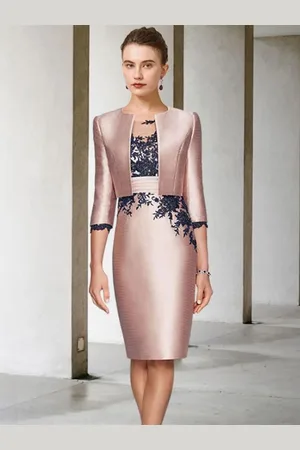milanoo.com Abito da sposa per la madre collo gioiello mezze maniche tubino pizzo abiti da ospite al ginocchio per personalizzazione gratuita del matrimonio