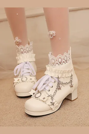 milanoo.com Stivali Lolita in stile ROCOCO in pelle PU con volant in pizzo e catene punta tonda calzature Lolita nere