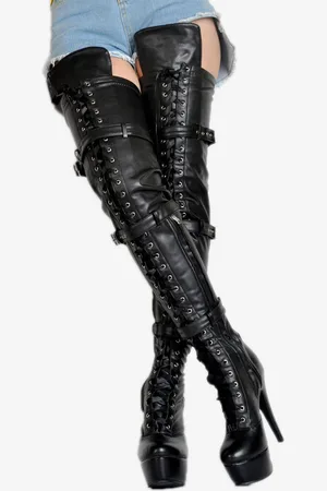 milanoo.com Stivali alti alla coscia sexy Stivali con tacco alto sopra il ginocchio con plateau nero in pelliccia sintetica
