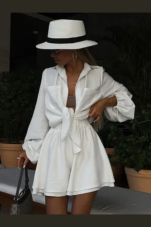 milanoo.com Camicetta bianca a maniche lunghe e pantaloncini corti set casual da 2 pezzi