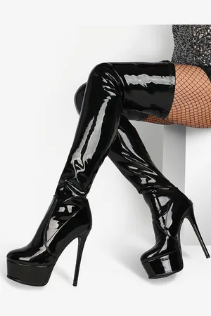 milanoo.com Stivali sopra il ginocchio Stivali neri con punta tonda in pelle lucida Stivali invernali con tacco alto da donna