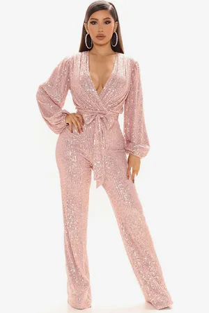 milanoo.com Tute da donna con paillettes scollo a V maniche lunghe con cintura da notte da club