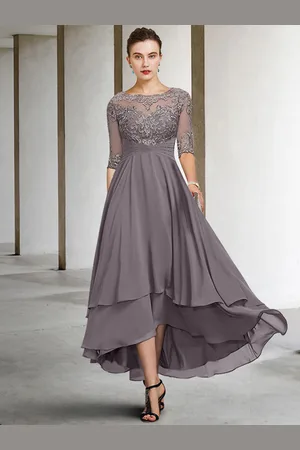 milanoo.com Abito da festa per la madre della sposa collo gioiello mezze maniche a-line pizzo lunghezza tè abiti da ospite per il matrimonio personalizzazione gratuita