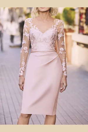 milanoo.com Abito da festa per la madre della sposa scollo a V maniche lunghe abiti da sposa in pizzo guaina