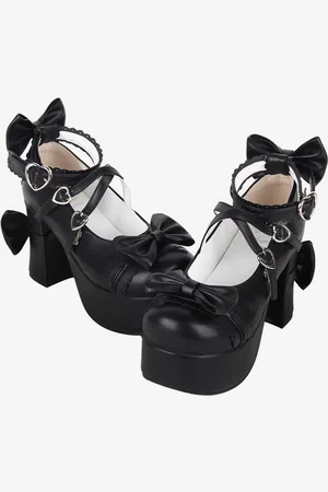 milanoo.com Calzature Sweet Lolita Décolleté Lolita in pelle PU con fiocchi neri con punta tonda
