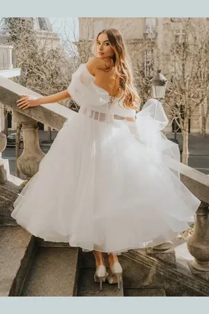milanoo.com Abito da sposa corto Abito da sposa in due pezzi con scollo a V Avorio smanicato Abiti da sposa