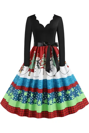 milanoo.com Vestiti Anni 50 con motivo natalizio Abiti donna maniche lunghe abiti anni 50 Scollatura di design di poliestere Autunno di retro