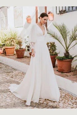 milanoo.com Abito da sposa Boho Pizzo Pizzo A-Line Sweep Vita naturale Schiena scoperta Maniche lunghe Scollo a V Avorio
