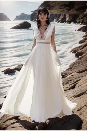 milanoo.com Abito da sposa Boho Pizzo Pizzo Scollo a trapezio Vita naturale Abito da sposa Bottoni funzionali Maniche lunghe Scollo a barchetta Avorio