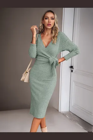 milanoo.com Abito in maglia per donna Bellissimi abiti con scollo a V a maniche lunghe con lacci e maniche lunghe