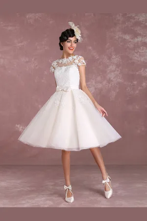 milanoo.com Abito da Sposa Vintage avorio semplice svasato al ginocchio maniche corte Bottoni Milanoo