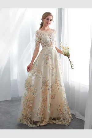 milanoo.com Abito da ballo 2025 Abito da festa formale in pizzo floreale con illusione di lunghezza del pavimento Abiti da cerimonia nuziale Personalizzazione gratuita