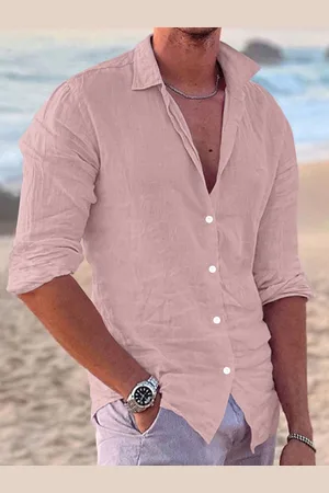 milanoo.com Camicia cubana a maniche lunghe da uomo con bottoni casual estiva da spiaggia in lino