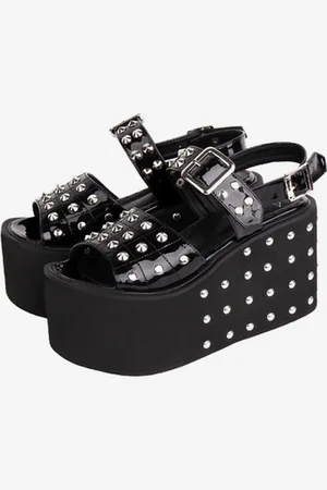 milanoo.com Sandali Gothic Lolita Rivetti Tomaia in PU verniciata con punta tonda Scarpe estive Lolita nere