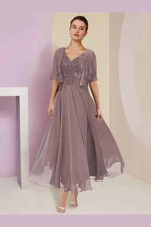 milanoo.com Abito per la madre scollo a V maniche corte a-line in pizzo lunghezza tè abiti per gli invitati al matrimonio personalizzazione gratuita