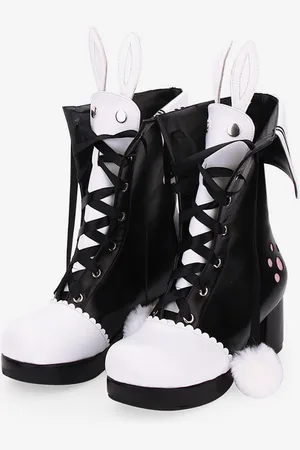 milanoo.com Classic Lolita Boots Pom Pom Bunny Ear Two Tone Chunky Heel Lolita Shoes