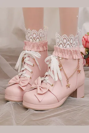 milanoo.com Stivali Lolita dolci in pelle PU con fiocchi punta rotonda calzature Lolita rosa