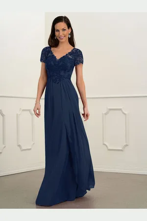 milanoo.com Bridal Madre Dress Dress Navy Blue Neck Scollo a V Maniche corte A-Line Chiffon Pizzo Abiti da giardino Abiti da giardino per matrimonio