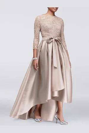 milanoo.com Abito da festa per la sposa della madre collo gioiello maniche in pizzo linea a-line fascia in raso abiti da ospite per un matrimonio personalizzazione gratuita