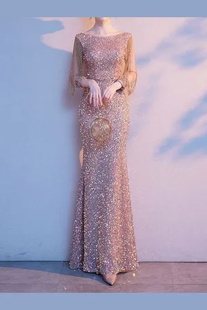 milanoo.com Abito da sera a sirena con collo gioiello e maniche lunghe fino al pavimento con cerniera abiti da festa formali con paillettes