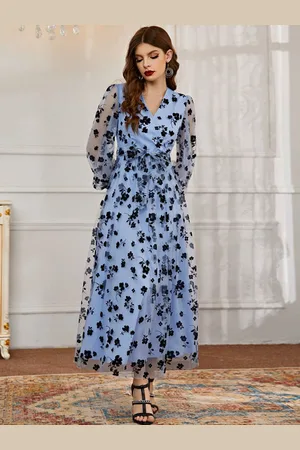 milanoo.com Abito lungo con scollo a V Maniche lunghe Abito lungo in pizzo trasparente con stampa floreale casual in poliestere