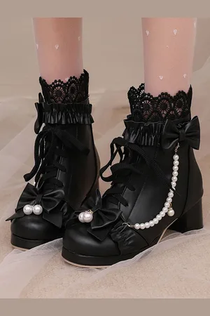 milanoo.com Stivali Lolita dolci con fiocchi neri punta rotonda in pelle PU calzature Lolita