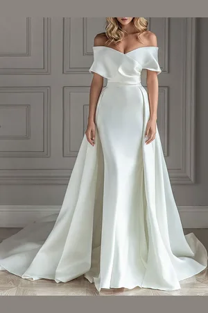 milanoo.com Abito da sposa sirena vintage con strascico in raso con spalle scoperte e plissettature personalizzazione gratuita