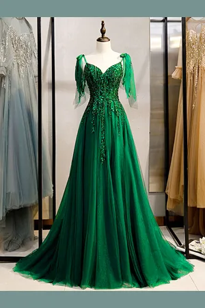 milanoo.com Abito da ballo 2025 Pizzo verde intenso Scollo a V A-Line Senza maniche In rilievo Lace-Up Abiti da festa Abiti per gli ospiti di nozze