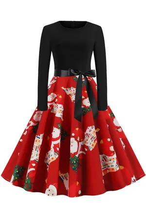 milanoo.com Vestiti Anni 50 con motivo natalizio Abiti donna maniche lunghe abiti anni 50 con scollo tondo di poliestere Inverno Autunno di retro