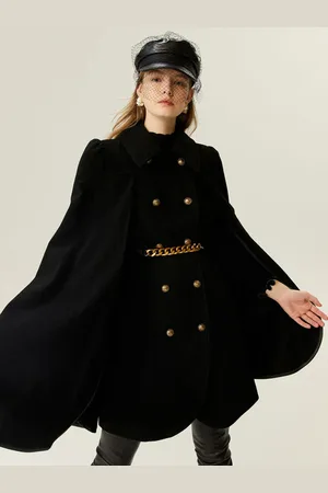 milanoo.com Cappotto poncho di lana Capispalla per cintura a catena a doppio petto per donna